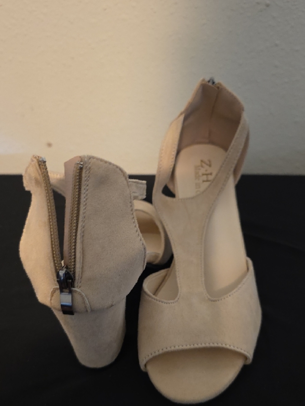 Nude Suede T-Strap Block Heel Sandals - Picture 10 of 13